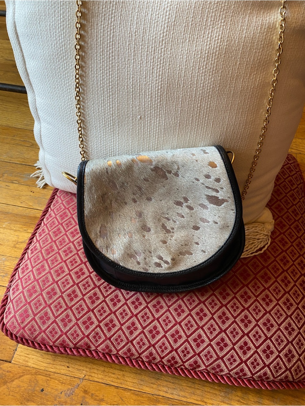Neutral Speckled leather Haircalf Crossbody with Gold Chain